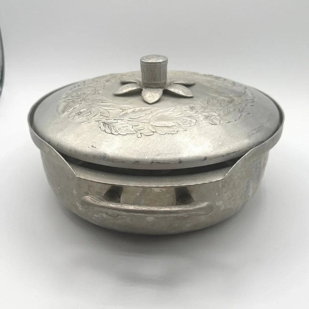 Everlast Forged Aluminum Casserole Serving Dish Lid Floral Silver Vintage Good